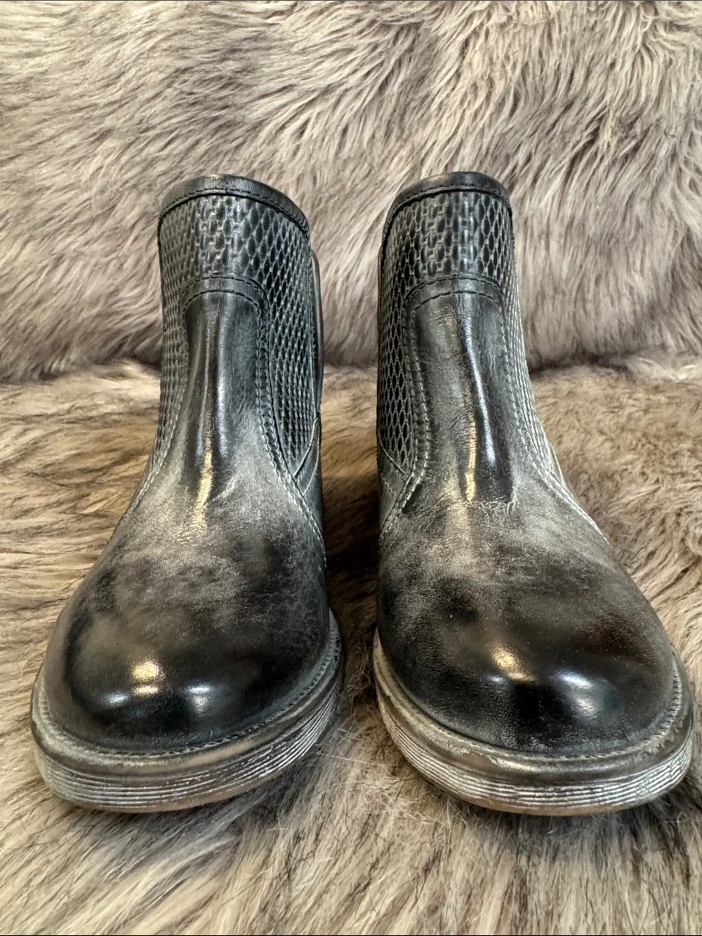 ROAN by BED|STU Black & Gray Leather Slip-On Ankle Booties with Textured Panels
